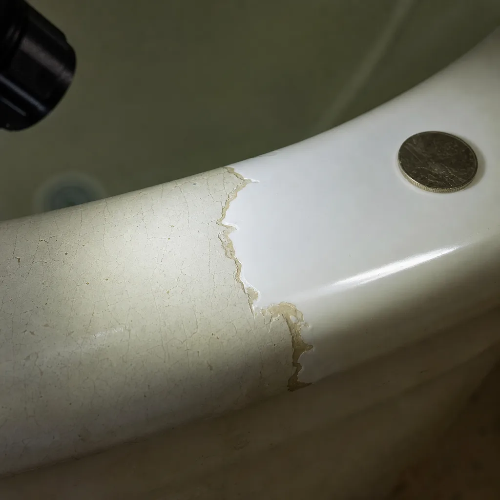 Close-up comparing smooth glaze versus chipped worn enamel on a bathtub surface