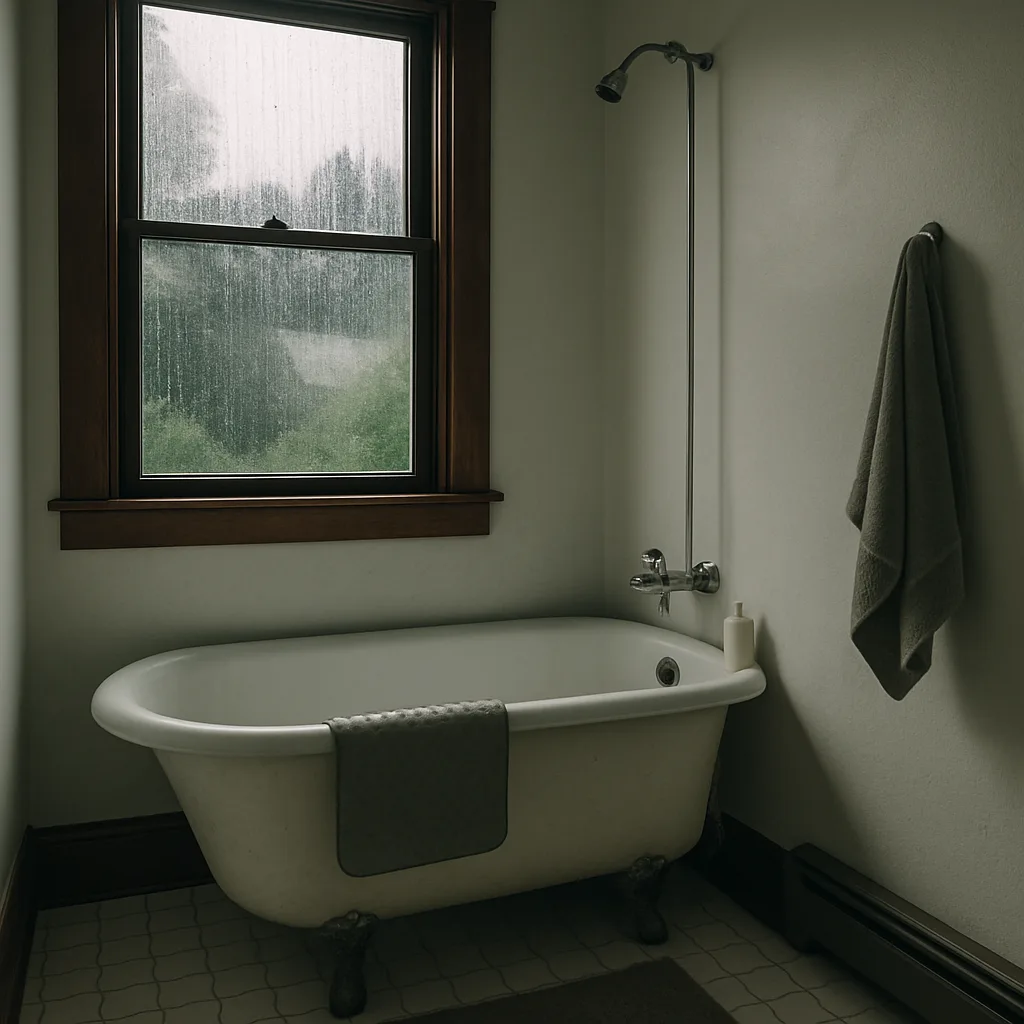 Refinished cast iron tub in Portland home bathroom with rainy window backdrop