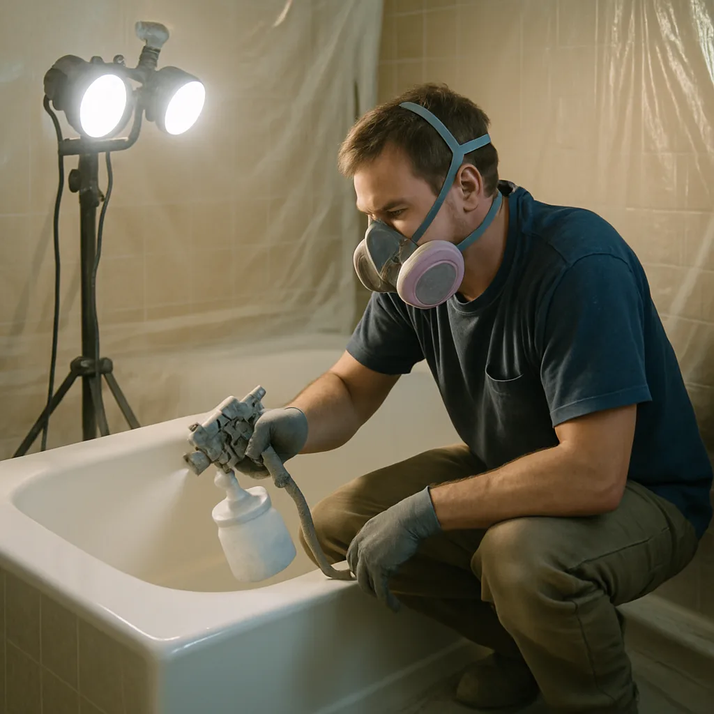 Remodeler spray-applying bathtub refinishing coating in Portland bathroom renovation