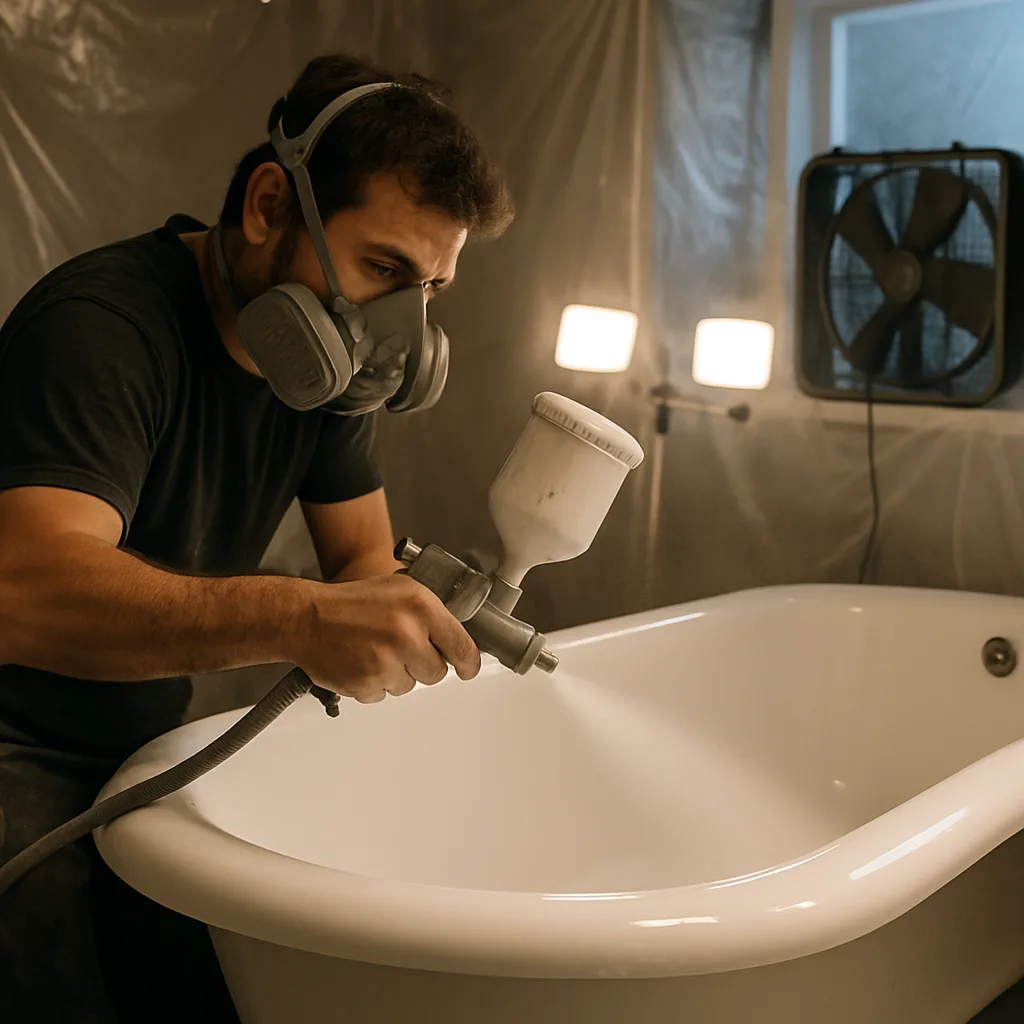 Worker spraying bathtub refinishing coating in ventilated Portland bathroom
