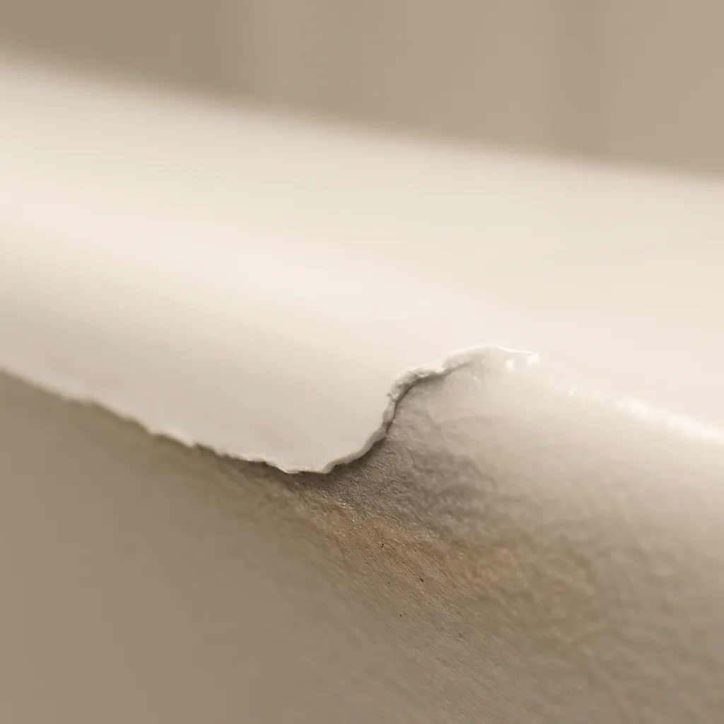 Close-up of bathtub refinishing coating layers chipped to show bonding quality