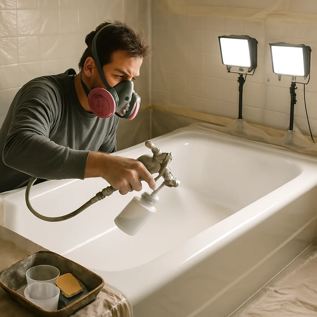 Technician refinishing bathtub surface with epoxy coating in Portland bathroom