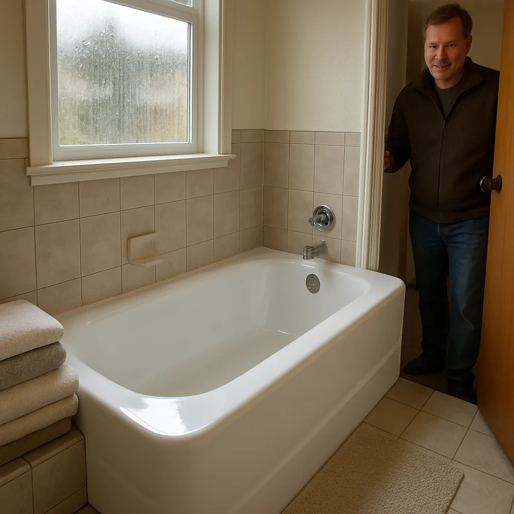 Freshly refinished glossy bathtub in Portland home bathroom after restoration