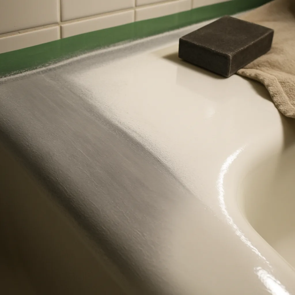 Close-up of sanded bathtub surface prepped for refinishing in Portland home