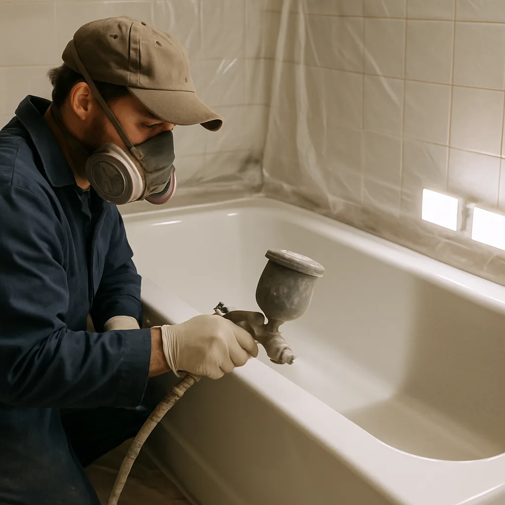 Worker reglazing bathtub surface with spray gun showing before and after finish