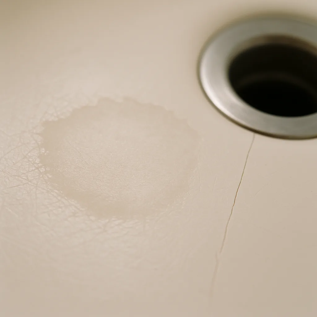 Close-up of bathtub surface wear versus crack damage in Portland home