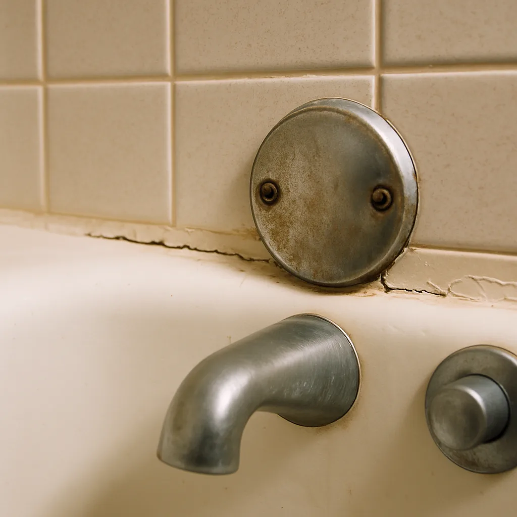 Close-up of bathtub tile seam showing plumbing untouched by tub reglazing in Portland