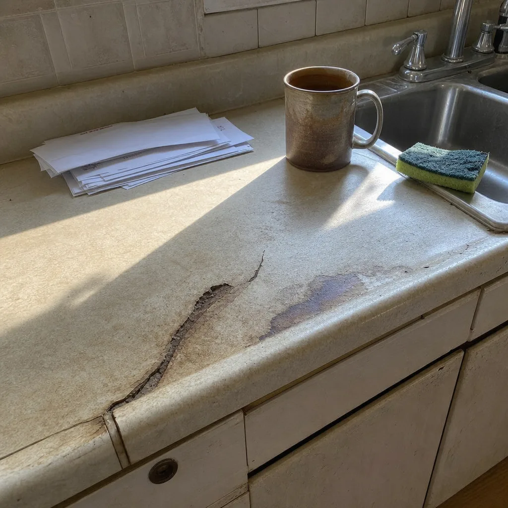 Homeowner view of damaged countertop with gouge and water stain in Milwaukie kitchen