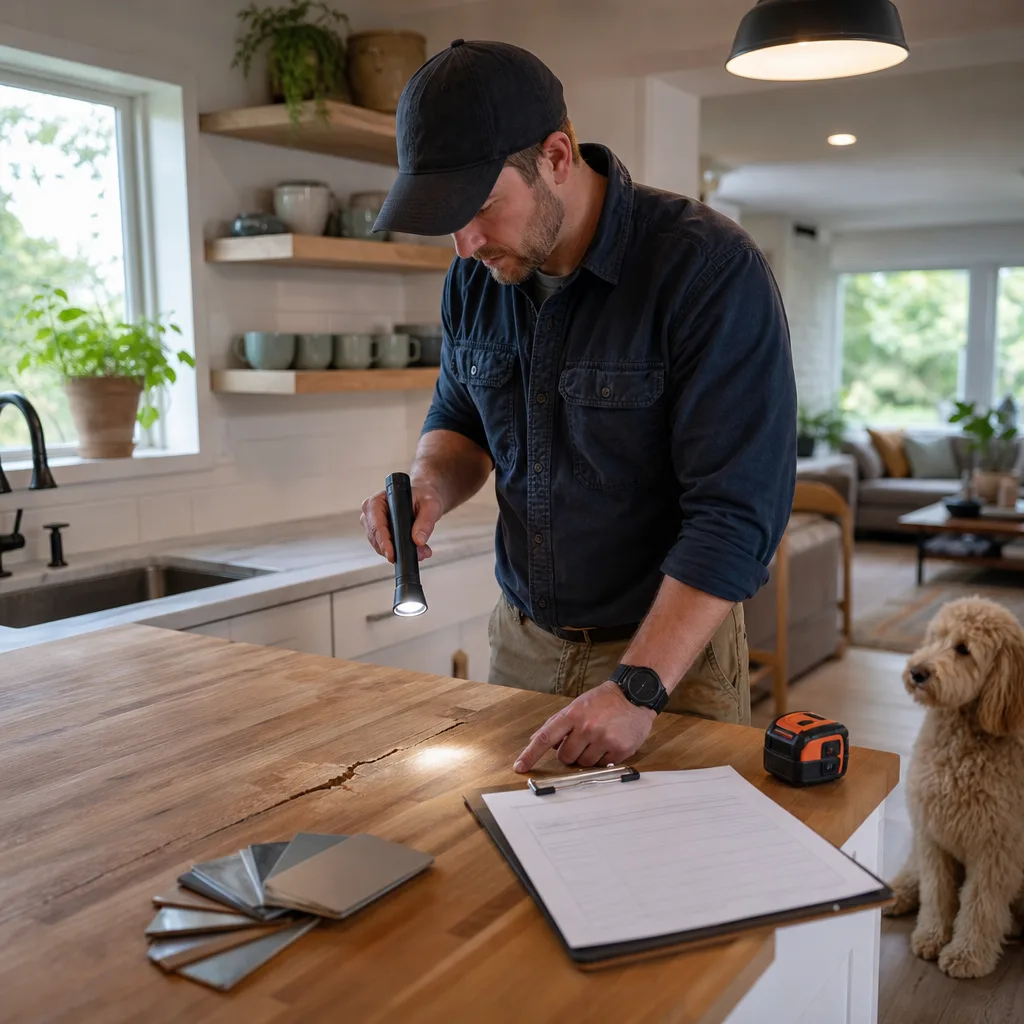 Technician inspects cracked butcher block countertop while preparing a repair estimate in Milwaukie