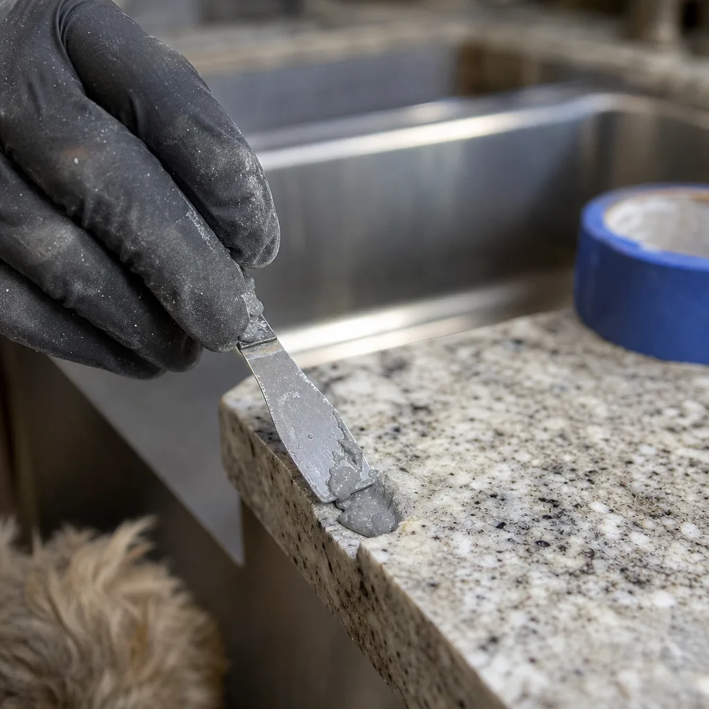 Close-up of epoxy repair compound applied to chipped granite countertop edge