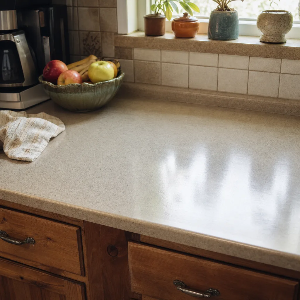 Repaired laminate countertop surface shown smooth and seamless after Milwaukie repair work
