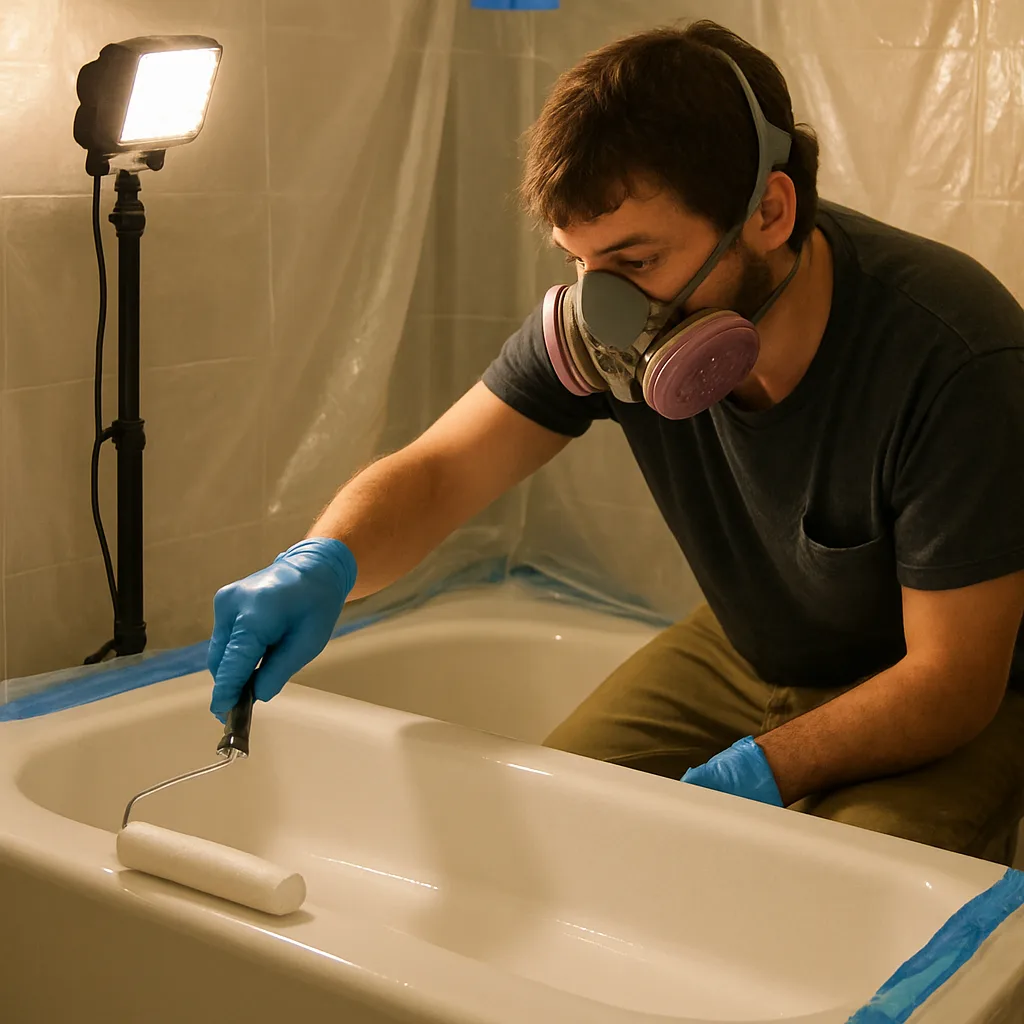 Applying epoxy coating to bathtub during DIY refinishing process Portland