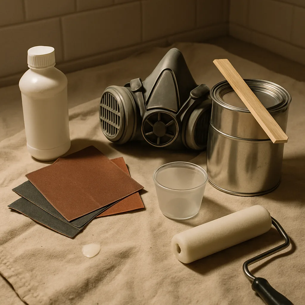 DIY bathtub refinishing kit contents laid out in Portland bathroom
