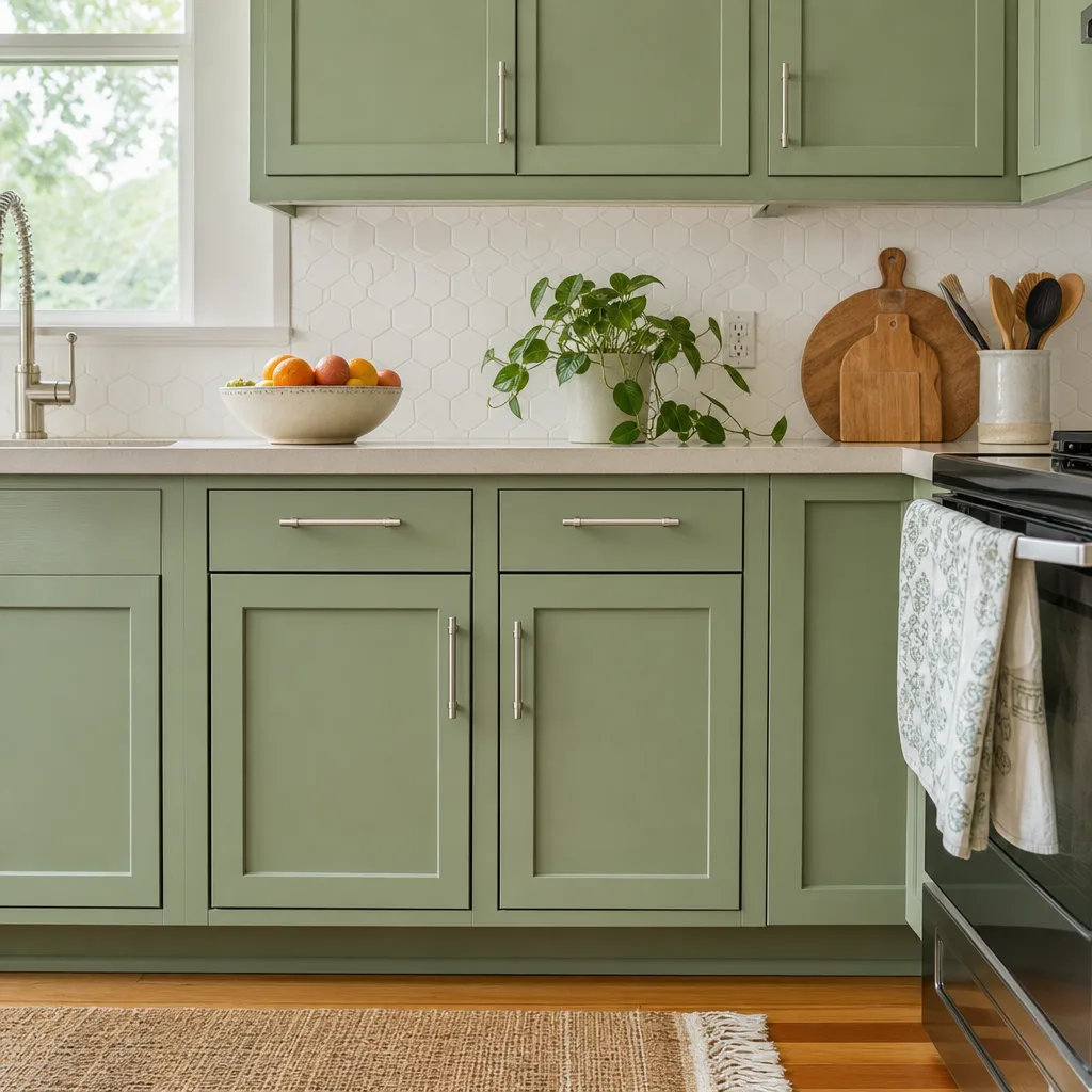 Finished sage green kitchen cabinets after refinishing project in Milwaukie home