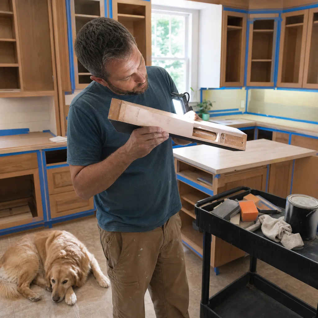 Refinisher inspecting cabinet door for damage before kitchen cabinet refinishing Milwaukie