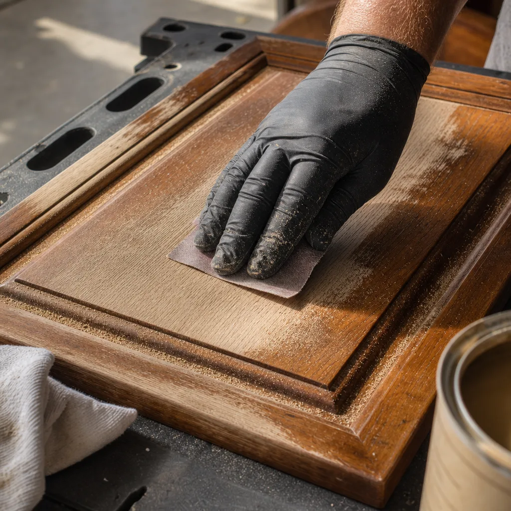 Hand sanding wood cabinet door panel for kitchen cabinet refinishing in Milwaukie