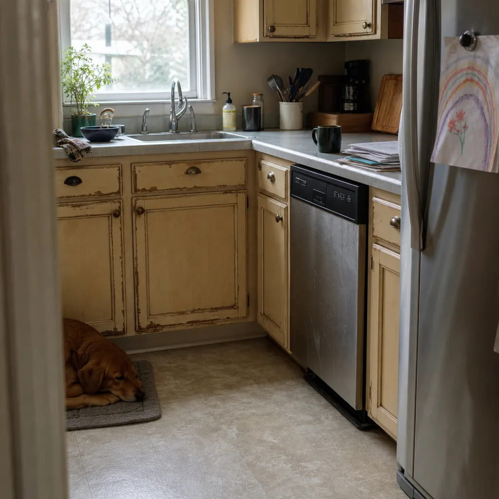 Worn chipped kitchen cabinets in Milwaukie home before refinishing service begins