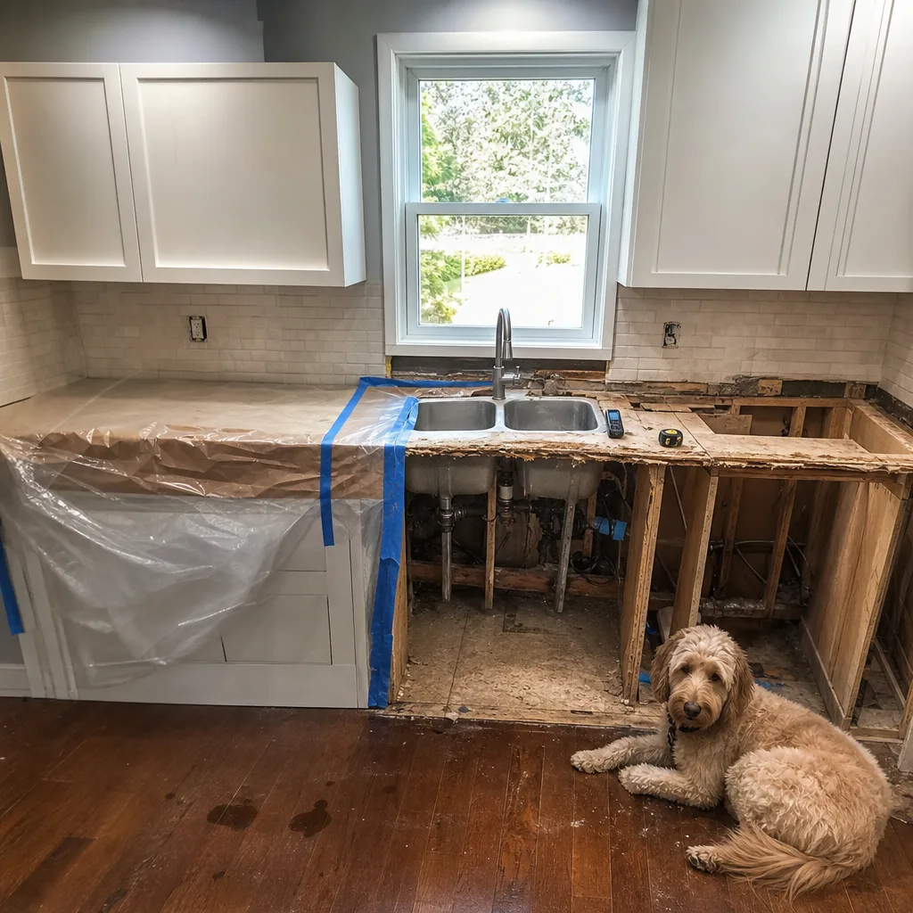Water-damaged countertop base shown during Milwaukie refinishing assessment