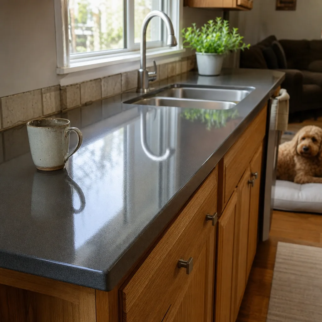 Finished glossy countertop after kitchen refinishing project in Milwaukie home