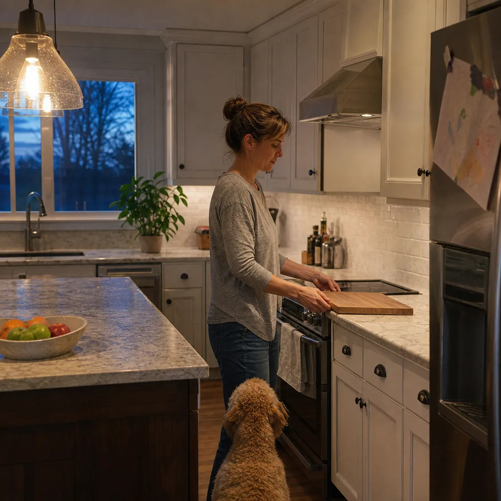 Homeowner using refinished kitchen countertop after service completed in Milwaukie