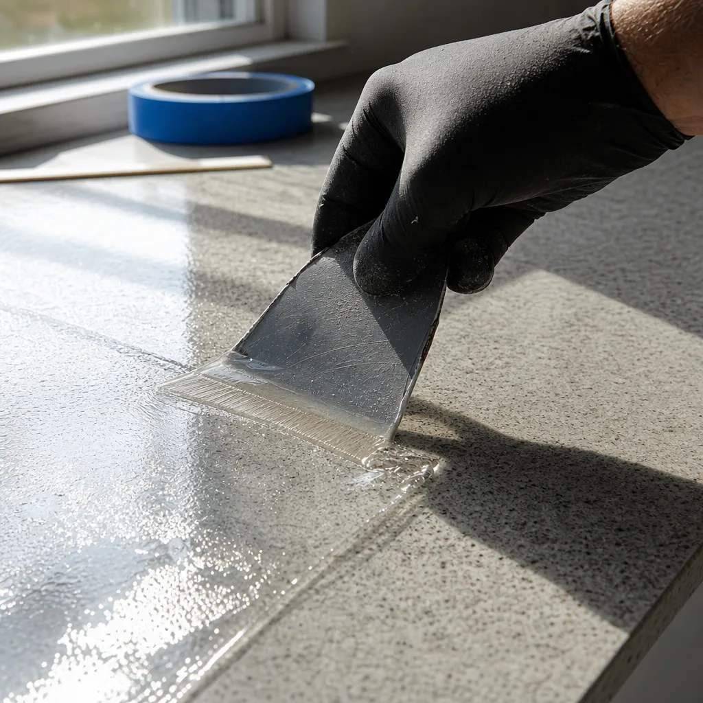 Close-up of resin coating applied to kitchen countertop during Milwaukie refinishing