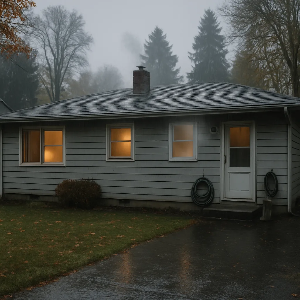 Milwaukie home exterior with cracked bathroom window venting tub reglazing fumes in rain