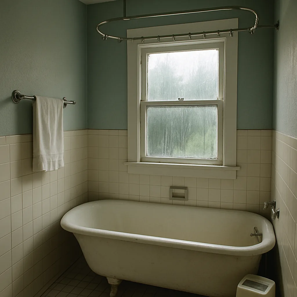 Older Portland bathroom with cast iron tub showing rust near drain
