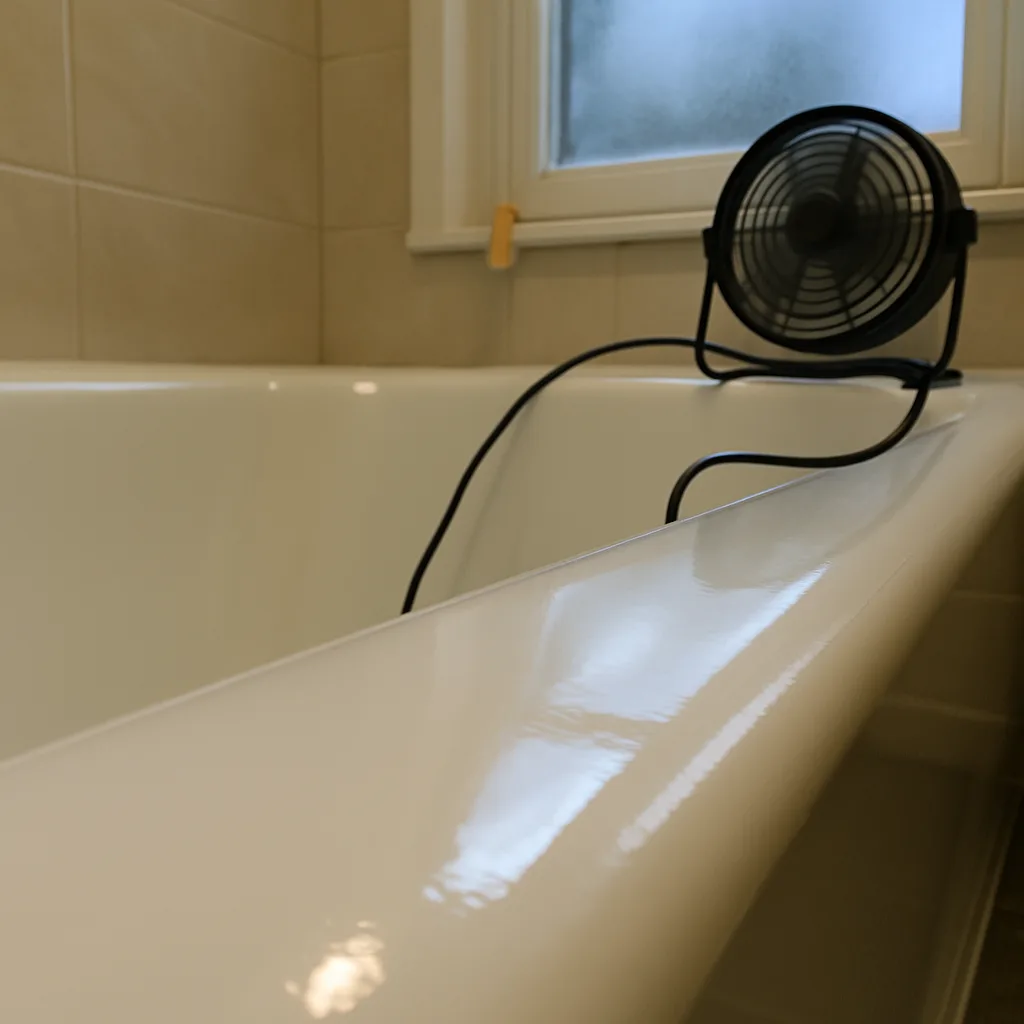 Close-up of reglazed tub surface with fan and open window for ventilation in Milwaukie