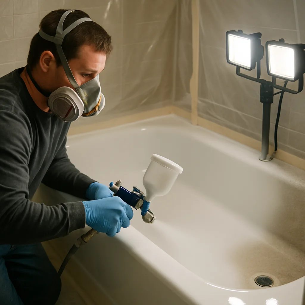 Worker refinishing bathtub surface with spray equipment in Portland home