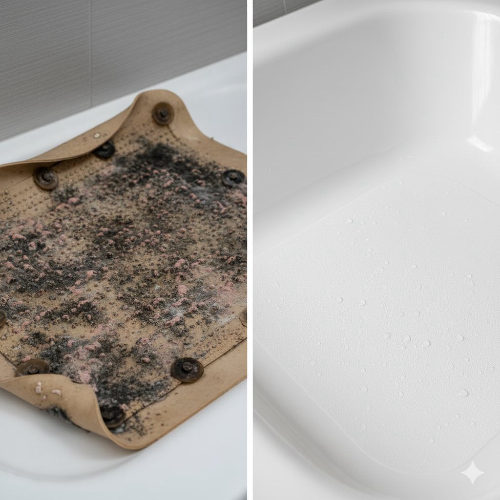 Moldy bathtub mat versus permanent non-slip coating Portland - professional treatment eliminates mold and maintenance