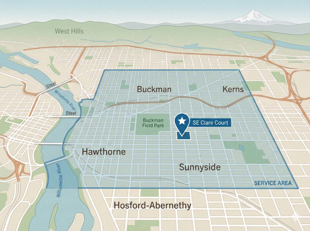 Renew-It Refinishing service area map - bathtub refinishing near Buckman Field Park and Portland inner eastside neighborhoods