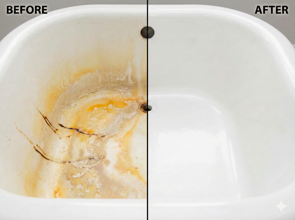 Renew-It Refinishing Portland bathtub restoration - before and after removing hard water stains and mineral buildup