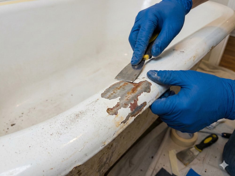 Renew-It Refinishing preparing cast iron tub for refinishing in Portland - professional bathtub restoration for pre-1920 homes