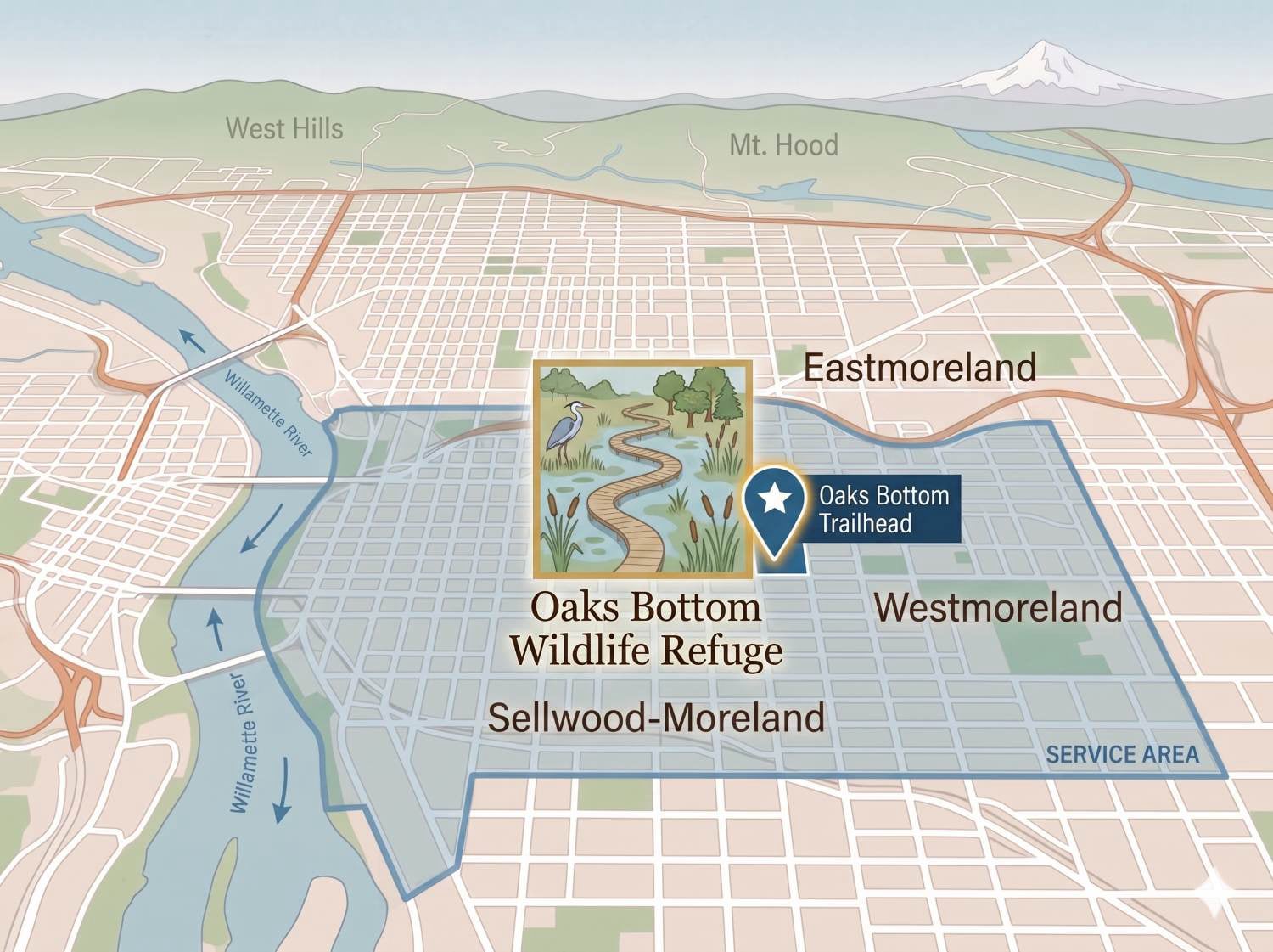 Renew-It Refinishing service area map - tile refinishing near  Oaks Bottom Wildlife Refuge and Portland southeast neighborhoods