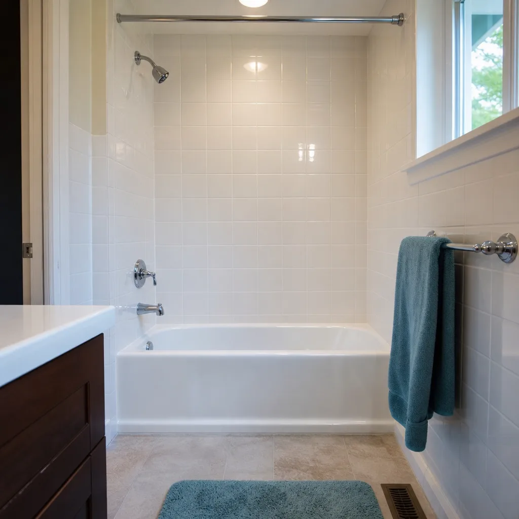 Freshly refinished glossy tile bathtub surround after tile refinishing service in Milwaukie