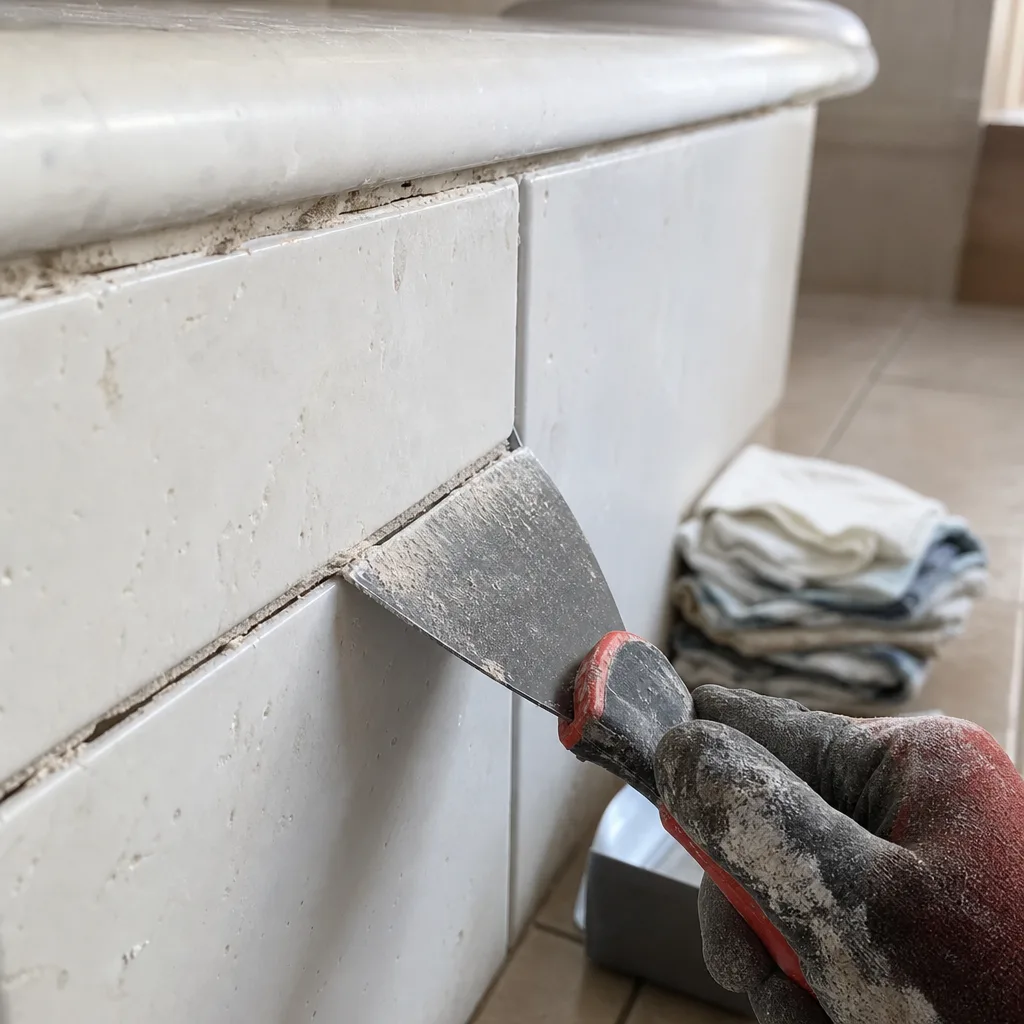 Close-up of cracked grout being assessed before tile refinishing in Milwaukie bathroom