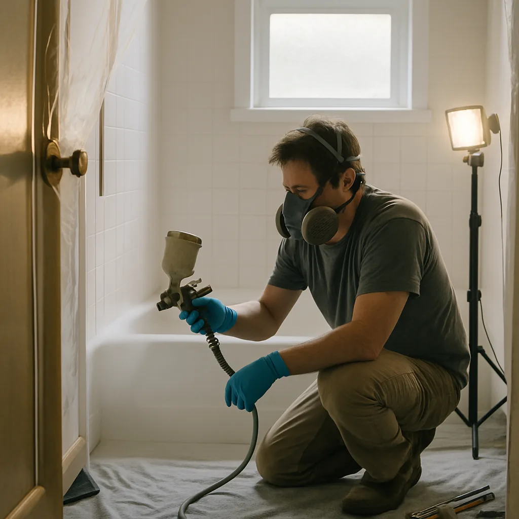 Remodeler applying tub reglazing coating with respirator and sealed bathroom in Milwaukie